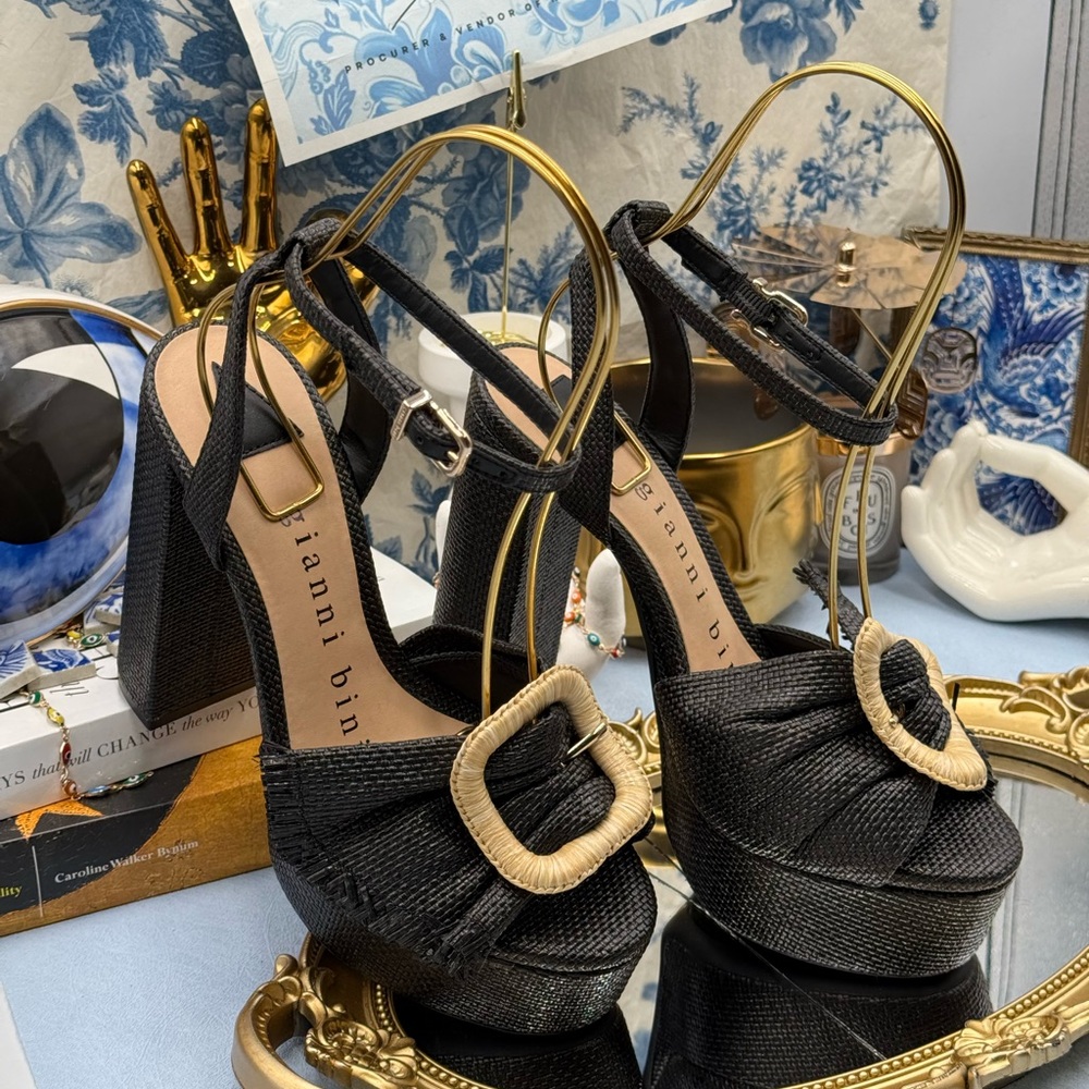 🆕 GIANNI BINI 🧿 NWOB Tobias Raffia Platform Mismatched Buckle Sandals, Sz 7M - Picture 5 of 16